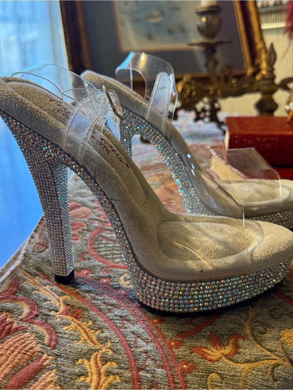 Rhinestone Platform Clear Strap High Heel Sandals - Silver